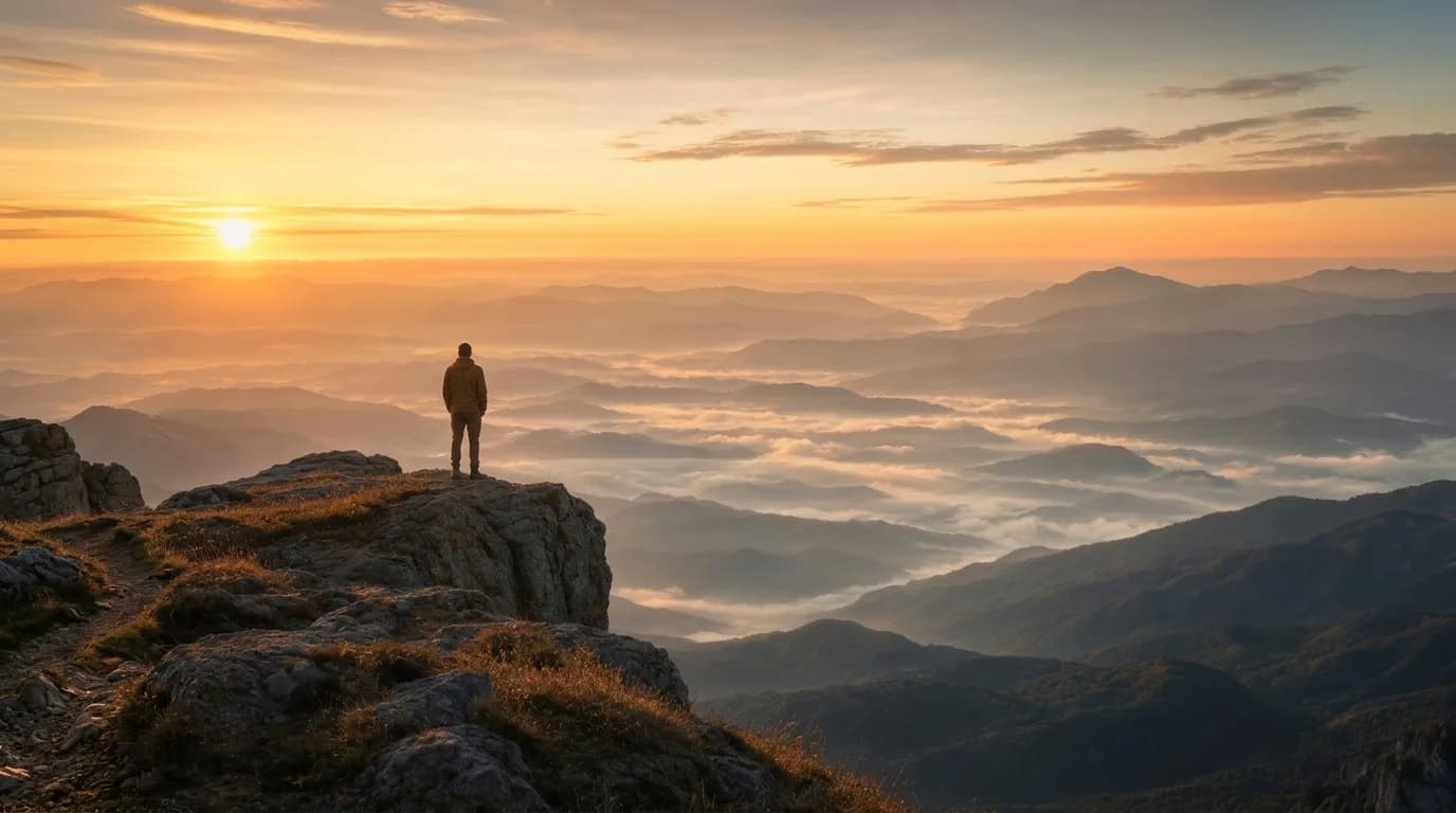 A lone figure on a grassy ridge at dawn, looking out over a vast valley of misty mountains — the path ahead.