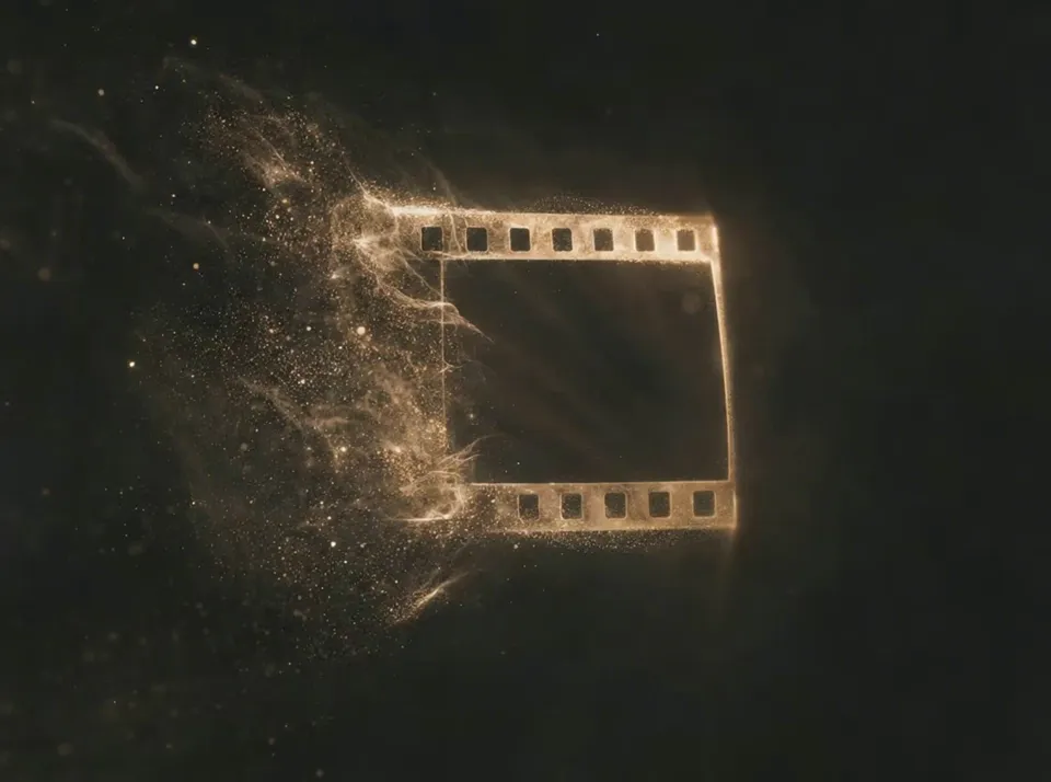 Particles of warm light coalescing into a single film frame.