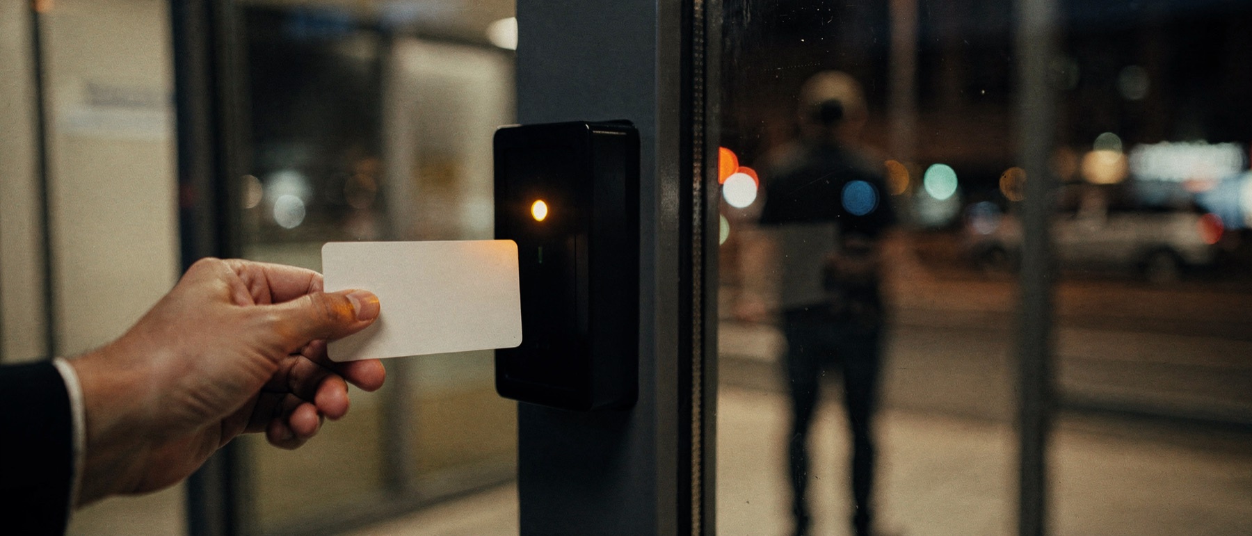 Une main présente un badge devant un lecteur, près d’une porte vitrée, de nuit