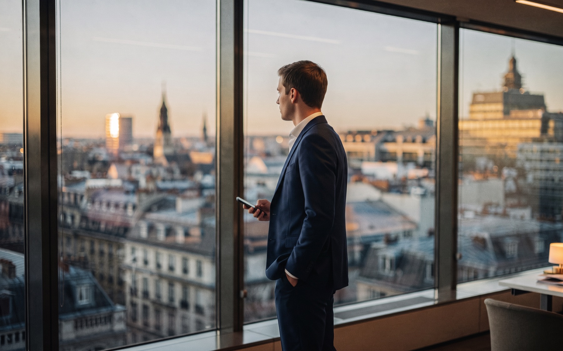 Un directeur en costume, téléphone en main, regarde la ville à l’aube